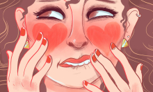 Illustration of woman with rosy cheeks in heart shapes. 