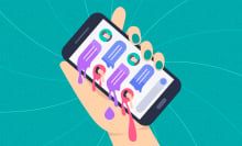 Illustration of a hand holding a phone with dripping text message bubbles