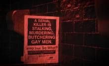 Image of a poster that says: "A serial killer is stalking, murdering, butchering gay men." 