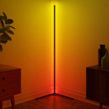 The Lamp Depot LED corner floor lamp standing in the corner of a room filled with plants and furniture, glowing a yellowish-orange