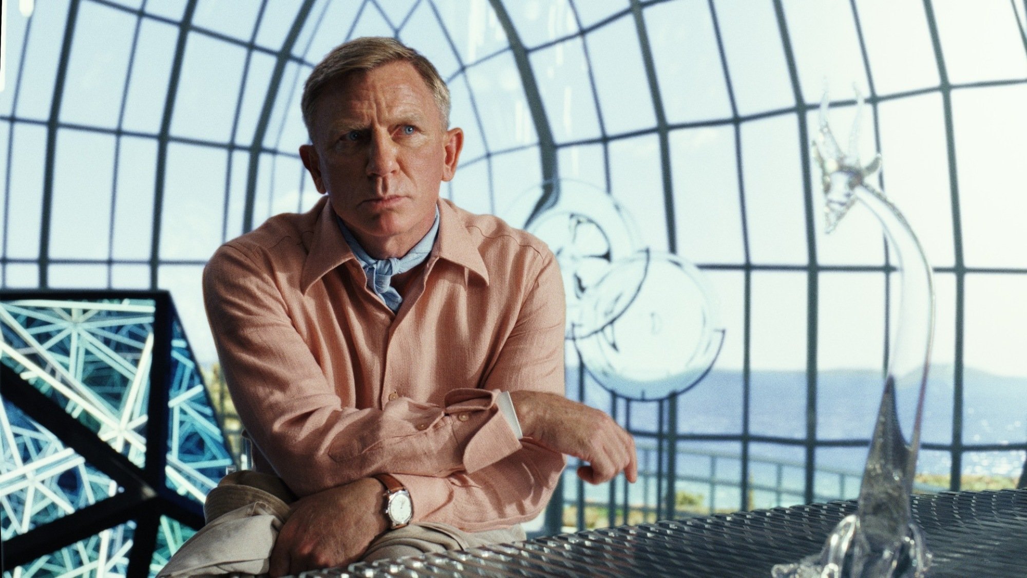 Benoit Blanc (Daniel Craig) ponders a murder mystery in "Glass Onion."