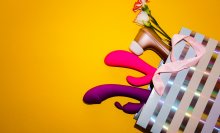 Sex toys in a bag against a yellow background