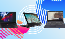 Three Lenovo laptops against a blue background with pink, orange, and blue shapes.