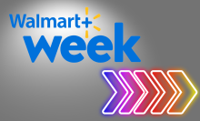 Walmart+ Week logo and colorful neon arrows on gray background