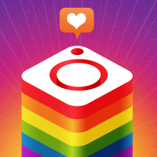 An illustration of the Instagram logo with a rainbow Pride pattern below it. 