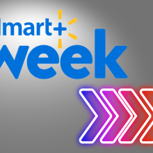 Walmart+ Week logo and colorful neon arrows on gray background
