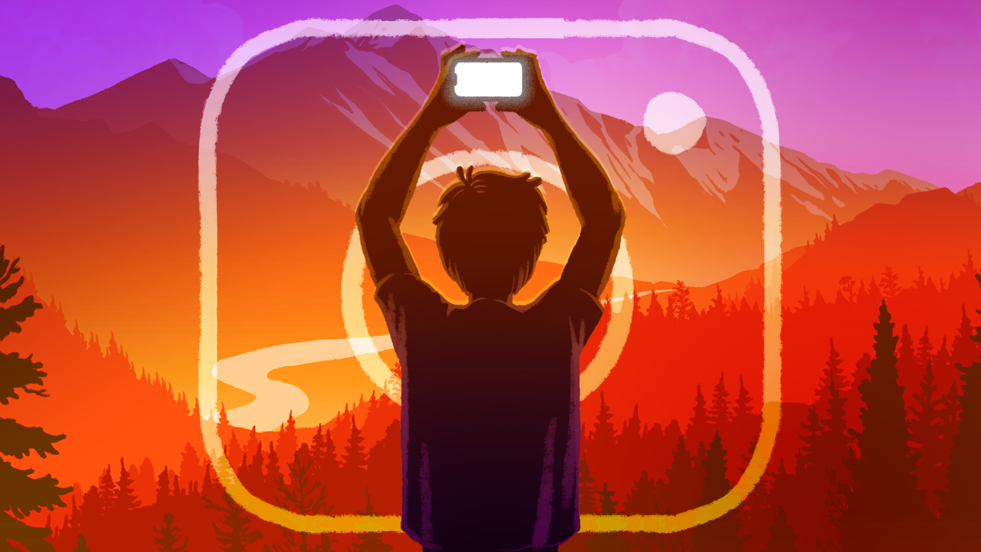 An illustration of a hiker holding up their phone to photograph a mountain.